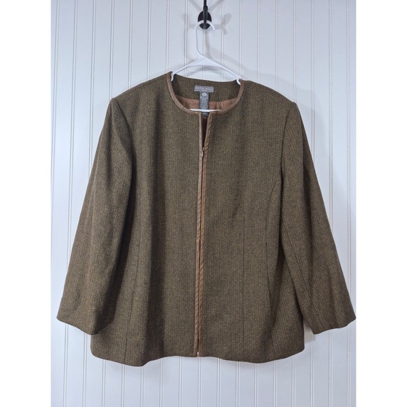 Kate Hill Jackets & Blazers - Kate Hill Women Brown Herringbone‎ Wool Blend Leather Trim Zip Blazer Jacket 20W